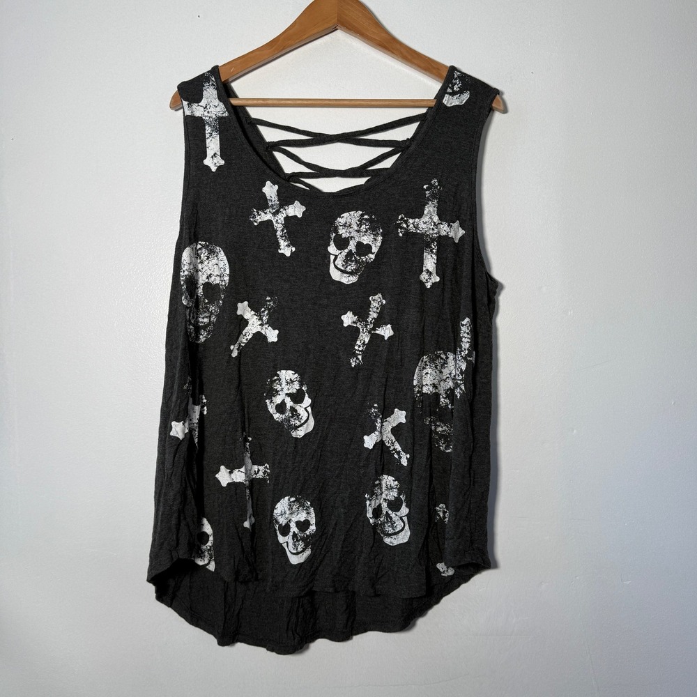 French Pastry Womens 3X Skull Cross Tank Top Gray Lattice Strappy Back Goth Emo